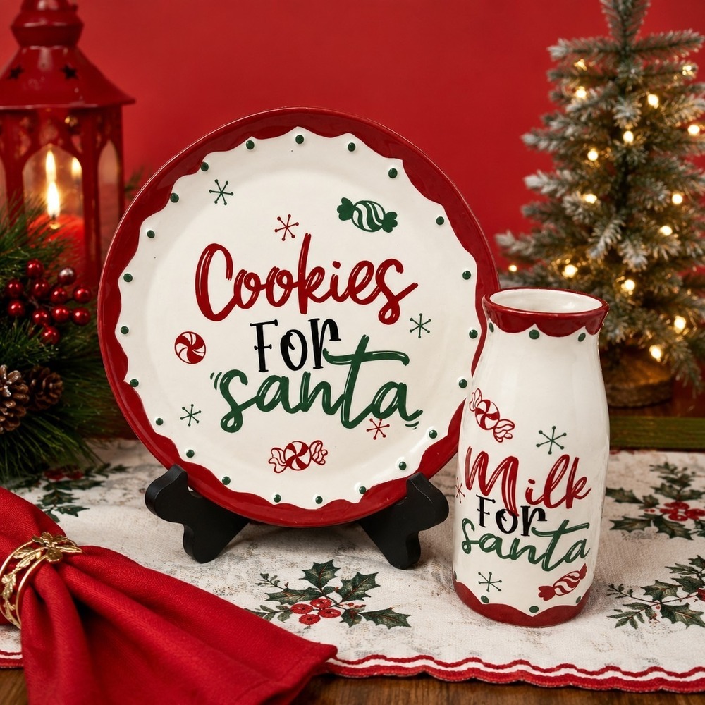 Cookies For Santa Plate & Milk Bottle Glass Christmas NEW Ceramic Decor Holiday